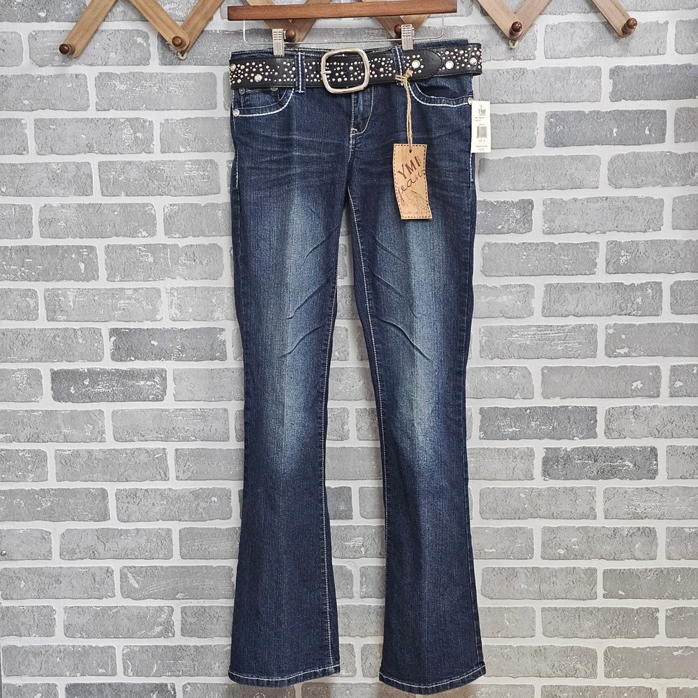 YMI Jeans Womens Size 7 Bootcut Dark Wash Studded Belt NWT Stretch Denim